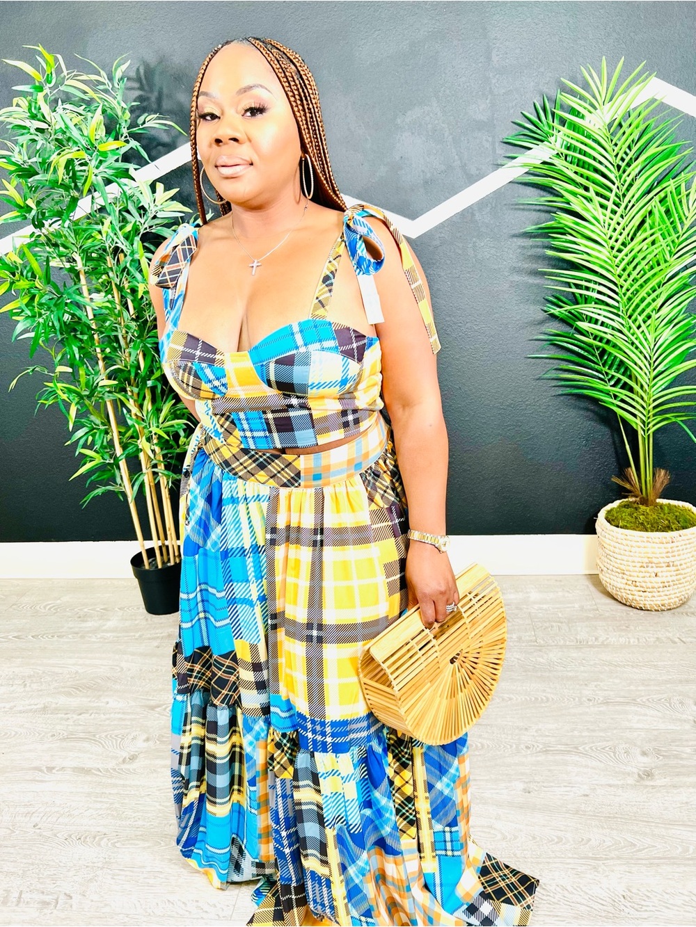 Plaid Blue and Yellow Women's Skirt Set - Designer-Inspired